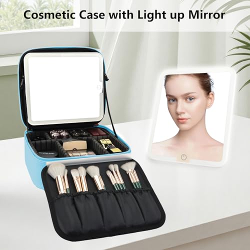 Travel Makeup Bag with LED Mirror Travel Makeup Organizer with 3 Lighted Settings (Blue / With LED Mirror Only)