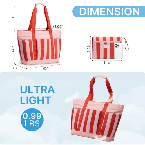 Beach Bag Waterproof Beach Tote Pool Bags for Women (Red Stripes / 35L)