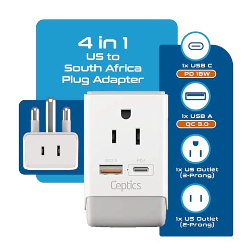 South Africa Travel 2 Pack Plug Adapter QC 3.0 & PD (white gray)