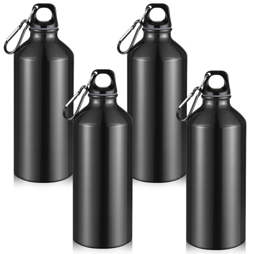 4 Pcs Aluminum Water Bottle 20 oz Reusable Bottles Lightweight Leak Proof Aluminum Sports Travel Bottles with Twist Cap Buckle for Gym (Black)
