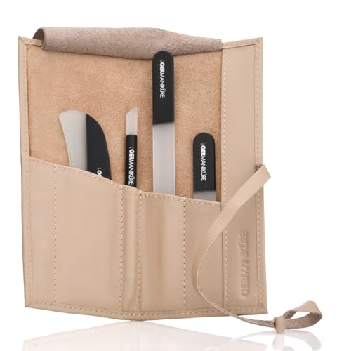 Czech Black Crystal Glass Nail File Set (4-Pc: Nail File, Travel File, Moon File / Beige Leather Roll)