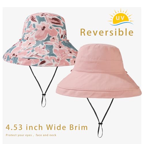 Womens Sun Hats Wide Brim Reversible Bucket Cotton Hat Packable Summer Travel Cap with Hat Clip (Medium / Pink)