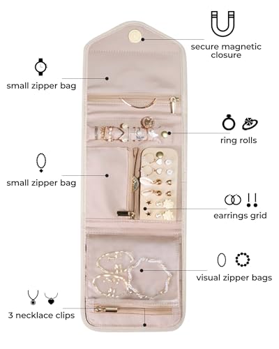 Travel Jewelry Organizer Case Foldable Jewelry Roll (Small / Beige)
