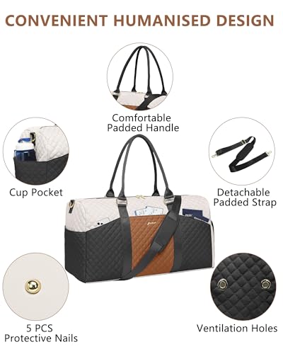 Women Weekender Travel Duffle Bag (10-Black Beige Brown / Large)