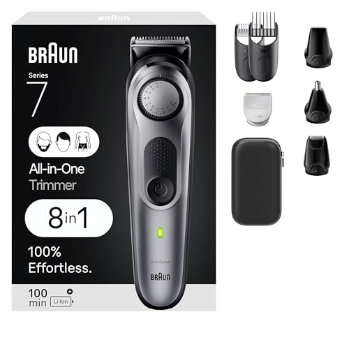 All-in-One Style Kit Series 7 7410, 8-in-1 Trimmer for Men with Beard Trimmer, Body Trimmer for Manscaping, Hair Clippers & More, Sharpest Blade, 40 Length Settings, Waterproof (Silver / 9 Piece Set)
