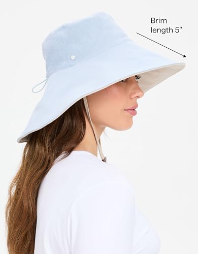 Women's Ultra Wide Cotton Linen Hat UPF 50+ (Small-Medium / Light Blue / Beige)