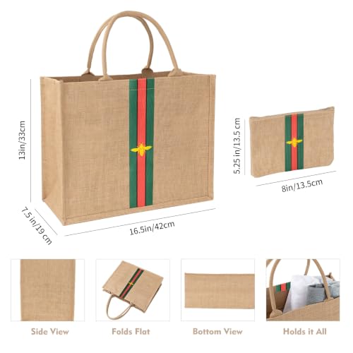Large Beach Bag Jute Woven Red and Green and Black Stripe (Red-green-black)