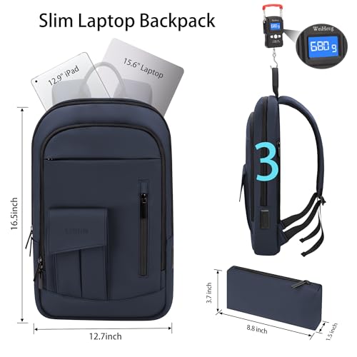 Business Backpack for Men Slim Lightweight Laptop Backpack Water Resistant Small Office Backpack for Commute Travel Daily Office Work with Small Bag (15.6" / With Pocket / Blue)