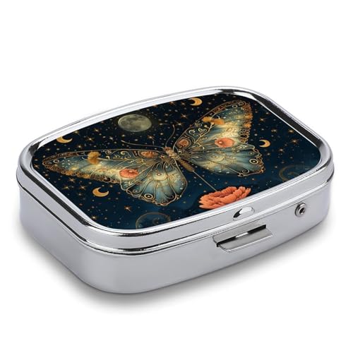 Metal 2 Compartment Pill Organizer Travel Friendly Portable Compact Pill Box Cute Pill Case to Hold Vitamins (Butterflies in the Night)