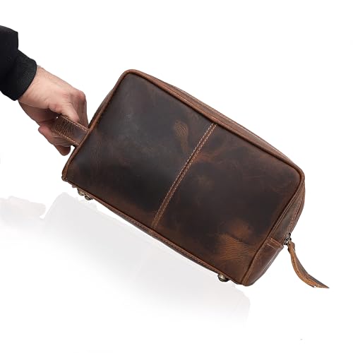 Genuine Leather Toiletry Bag for Men Extra Large Leather Men's Toiletry Bag for Traveling Real Leather Dopp Kit for Men Shaving Bag for Travel (BROWN / Men's Toiletry Bag 2)