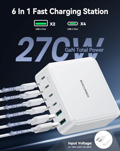 270W GaN 6‑Port Charging Station (White-270W)