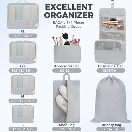 9 Set Packing Cubes with Packing List Luggage Packing Organizers for Travel Accessories (Light Grey)