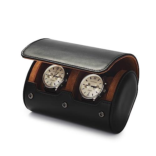 2 Slot Leather Travel Watch Case Black (Black / 2-Slot)