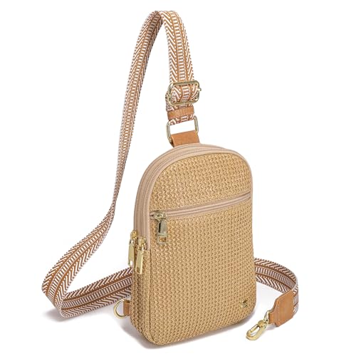 Faux Straw Crossbody Bags for Women Small RFID Summer Sling Bag (Dessert Khaki)