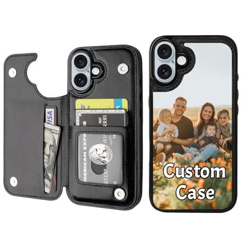 Custom Wallet Phone Case for iPhone 16 Plus with Photo (Black-A / iPhone 16 Plus)