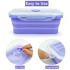 Purple Collapsible Meal Prep Containers Camping Bowls Silicone Bento Box with Airtight Plastic Lid (Purple / 350ml, 500ml, 800ml set)