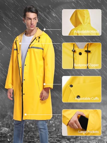 Mens Long Hooded Safety Rain Jacket Waterproof Emergency Raincoat Poncho (Large / Yellow)