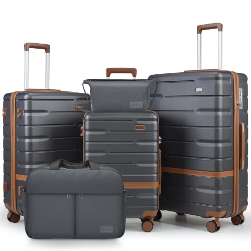 Luggage Sets with TSA Lock Hardside PC+ABS Carry On expandable Suitcase with Spinner Wheels Lightweight Rolling Travel Luggage Sets with YKK (Gray(New) / 5 piece sets（20/24/28/DB/TB）)