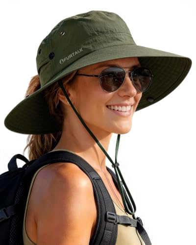 Sun Hats for Women Wide Brim Bucket Hat Ponytail Hole Outdoor UPF (Green)