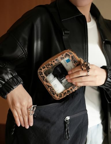 Small Makeup Bag Clear Mini Pouch Cosmetic Case Travel Leopard Make Up Bag for Purse Accessories Cheetah Print Travel Clear Case for Car Essentials Women Cute Leather Little Cosmetic Pouch with Zipper (Leopard Brown / Mini Chic)