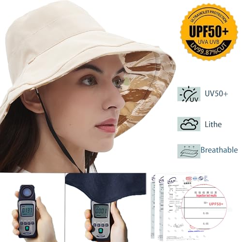 Womens Sun Hats Wide Brim Reversible Bucket Cotton Hat Packable Summer Travel Cap with Hat Clip (Medium / Beige2)