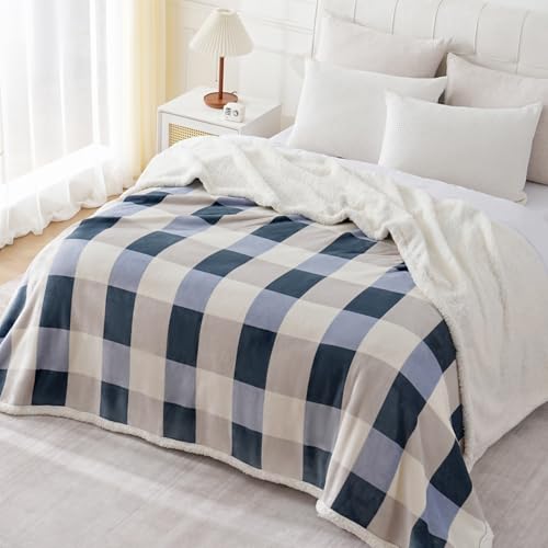 Sherpa Throw Blanket Reversible Large Big King Size Flannel Blankets for Bed (Grey-blue / 90"*108")