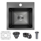 15 x 15 x 9 Inch Black Drop In Kitchen Bar Sink (Black / 15''X15''X9'' Bottom Grid)