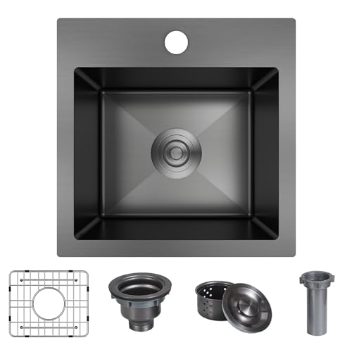 15 x 15 x 9 Inch Black Drop In Kitchen Bar Sink (Black / 15''X15''X9'' Bottom Grid)