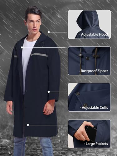Mens Long Hooded Safety Rain Jacket Waterproof Emergency Raincoat Poncho (X-Large / Navy)