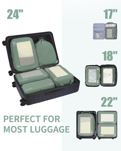 5 Set Compression Packing Cubes for Suitcases Organiser Bags Set Travel Essentials with Shoe Bags for Travel Tear (5 Set Compression Packing Cubes / All Green-Compress)