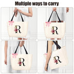 Tote Bag, A-Z Initial Monogrammed Waterproof Tote Bag, Bridesmaid Gifts for Women, Black and Pink (R, Beige) (Beige)