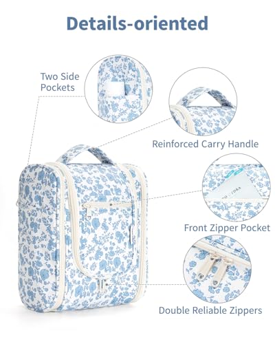 Hanging Travel Toiletry Bag for Women (B-Blue Flower / Medium)