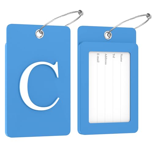 2 Pack Initial Luggage Tags for Suitcases Airplane Travel Essentials (Large C / Blue)