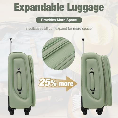 Softside Luggage Set Softshell Lightweight 3 Piece Spinner Suitcase (Softside Luggage(22/26/30) / Light Green)
