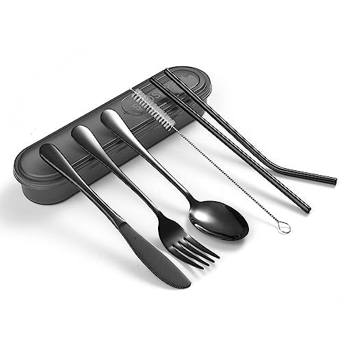 7 Piece Travel Utensils Set with Case and Straws (Black)