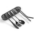7 Piece Travel Utensils Set with Case and Straws (Black)