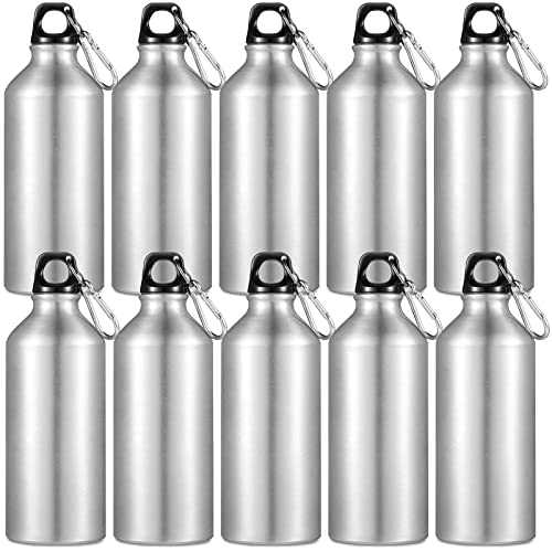 10 Pcs Aluminum Water Bottle 20 oz Reusable Bottles Lightweight Leak Proof Aluminum Sports Travel Bottles with Twist Cap Buckle for Gym (Silver)