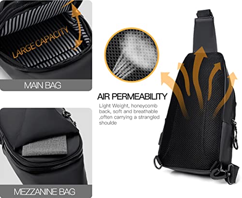 Waterproof Sling Bags Mens Shoulder Crossbody Backpack with USB Charging Port& Headphone (A-black)