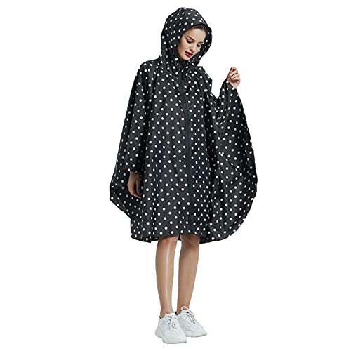 Rain Poncho Jacket Coat Hooded Zipper Style for Women (One Size / Black Dot)