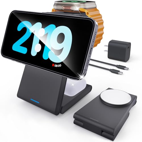 5-in-1 Portable Charger, Foldable Charging Station Fast Charging, Magsafe Charger Pack Magnetic, Travel Wireless Charging Station for iPhone 17/16/15/14/13/12,iWatch, Air pods, PureBlack (PureBlack)