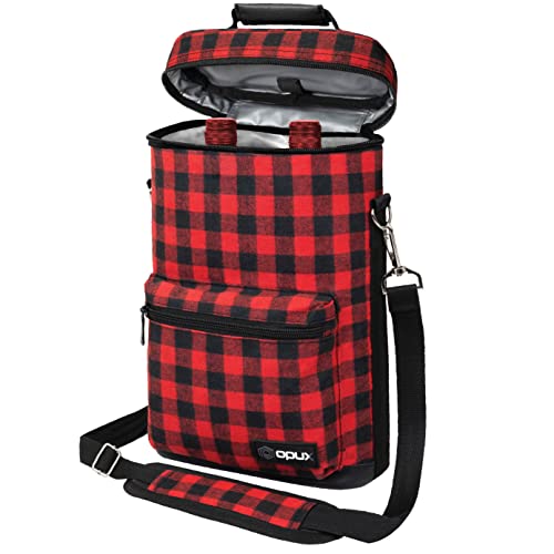 Insulated 2 Bottle Wine Bag Tote Leakproof Carrier Cooler Plaid Red (Buffalo Plaid Red / One Size)