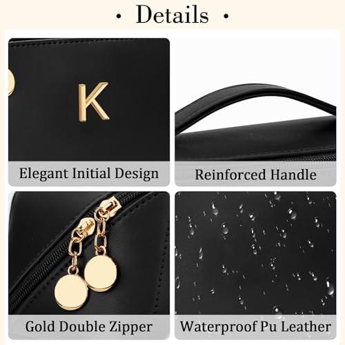 Initial Makeup Bag Personalized Gift for Women Teen Girls (Black / K)