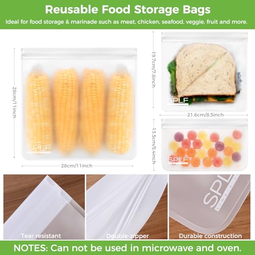 12 Pack Dishwasher Safe Reusable Food Storage Bags (12 Pack-2 Gallon 5 Sandwich 5 Snack / White)