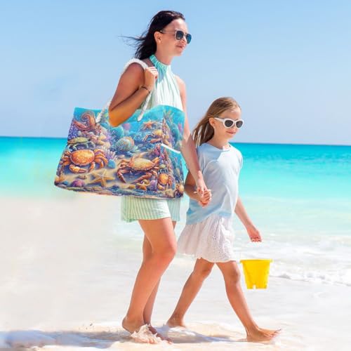 Large Beach Bags Totes Canvas Tote Shoulder Bag Soft Wave Water Resistant Bags for Gym Travel Daily Ocean (Marine Crab)