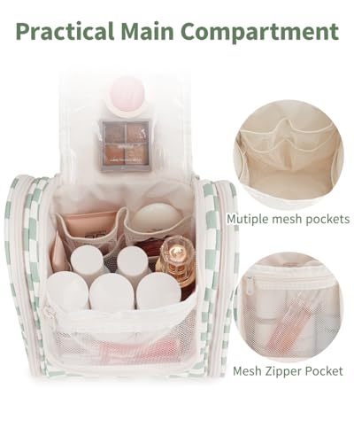 Hanging Travel Toiletry Bag for Women (C-Mint Green Checkerboard / Medium)