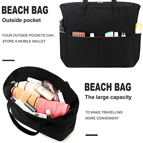 Beach Bag Waterproof Sandproof Women Tote Bag Pool Bag with Zipper for Gym Grocery Travel with Wet Pocket (Black)