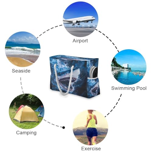 Large Beach Bags Totes Canvas Tote Shoulder Bag Soft Wave Water Resistant Bags for Gym Travel Daily Ocean (Sharks in the Water)