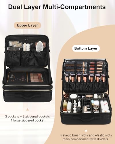 Extra Large Makeup Case Travel Makeup Bag Professional Leather Artist Bag Portable Cosmetic Brush Holder Organizer Nail Organizer Box with Adjustable Dividers (Black Leather / Extra Large)