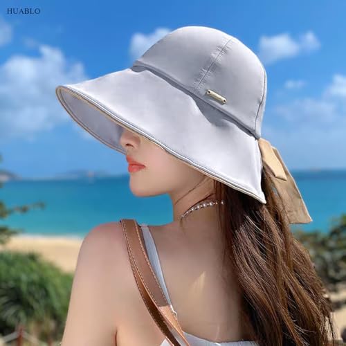 Wide Brim Hats for Woman Foldable Hats Sun Hats for Women uv Protection Bowknot Bucket hat Adjustable hat with Ponytail Hole Gery Grey (Grey)
