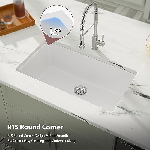 33"x19" White Undermount Granite Composite Kitchen Sink (White / 33"x19")
